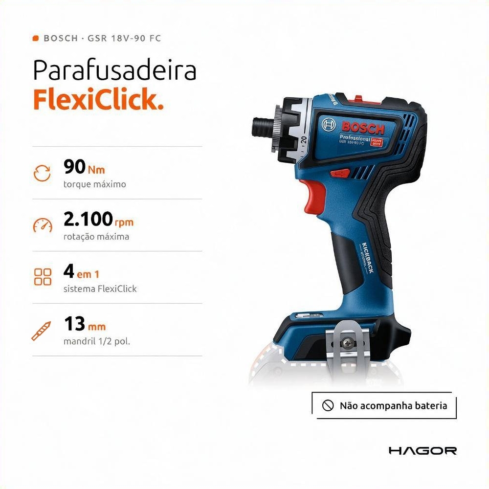 Parafusadeira Furadeira GSR 18V-90 FC 1/2 Pol. 18V Brushless sem Bateria com Maleta BOSCH