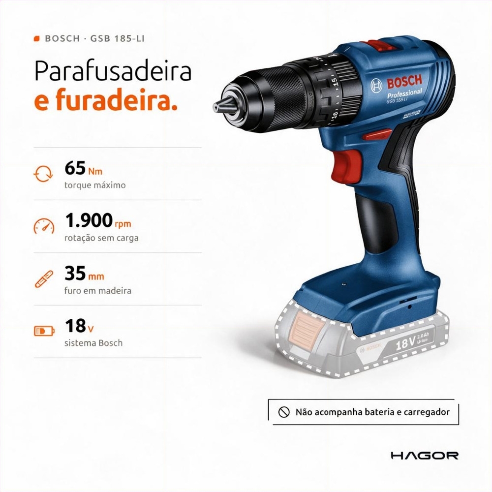 Parafusadeira Furadeira GSB 185-LI 1/2 Pol. 18V Brushless sem Bateria e Carregador BOSCH