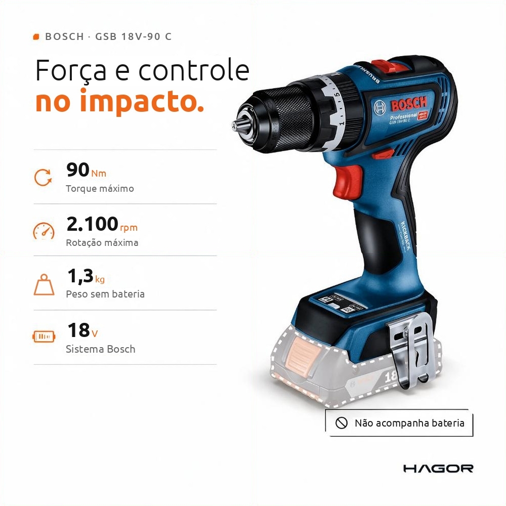 Parafusadeira Furadeira GSB 18V-90C 1/2 Pol. 18V Brushless sem Bateria BOSCH