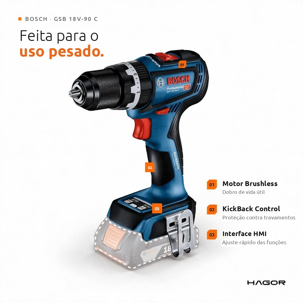 Parafusadeira Furadeira GSB 18V-90C 1/2 Pol. 18V Brushless sem Bateria BOSCH