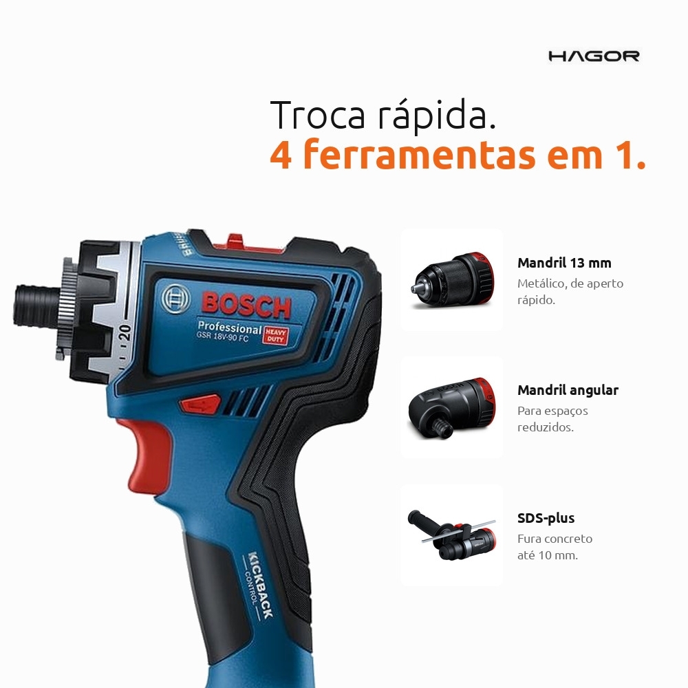 Parafusadeira Furadeira GSR 18V-90 FC 1/2 Pol. 18V Brushless sem Bateria com Maleta BOSCH
