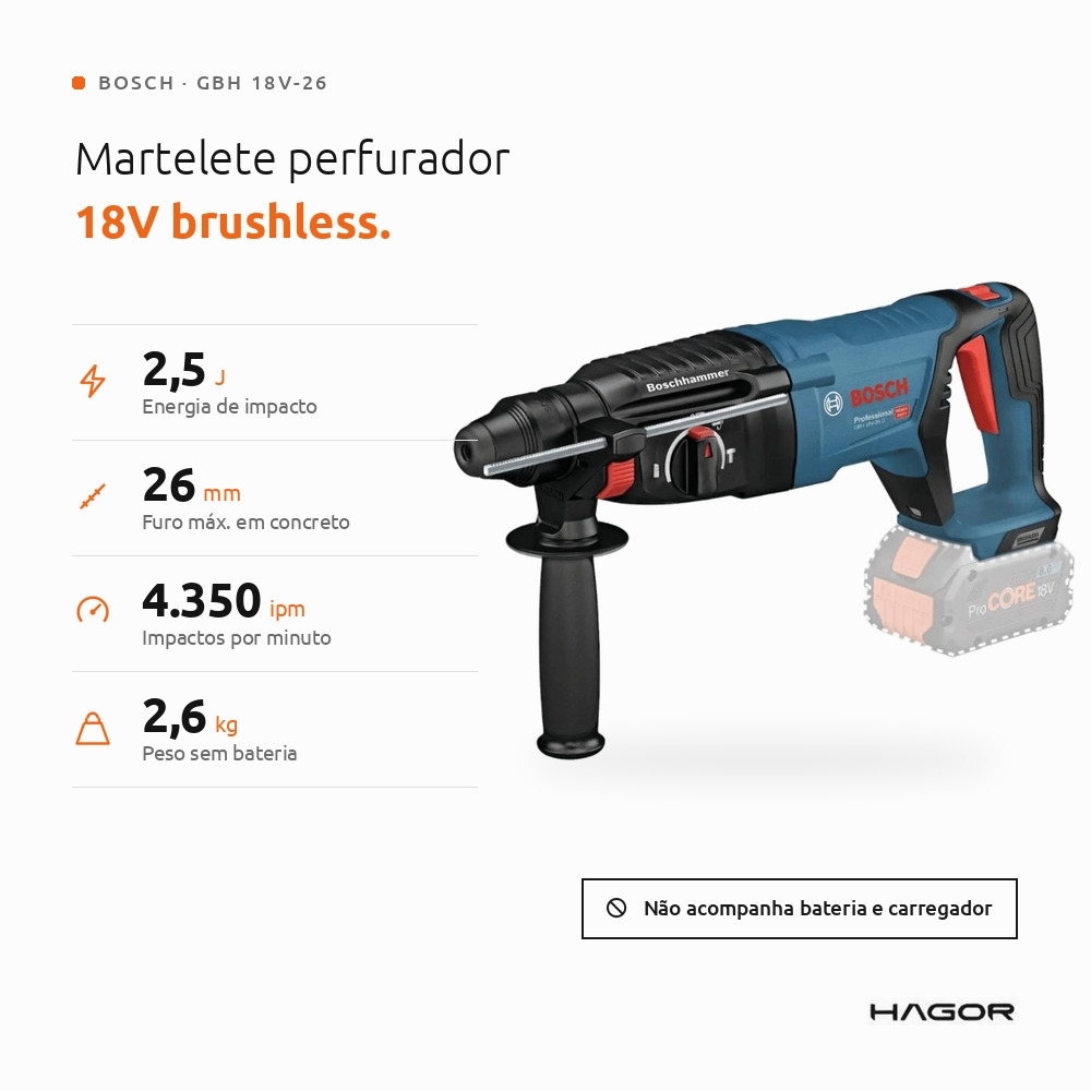 Martelete Perfurador GBH 18V-26 SDS Plus 2,5J 18V Brushless sem Bateria e Carregador BOSCH