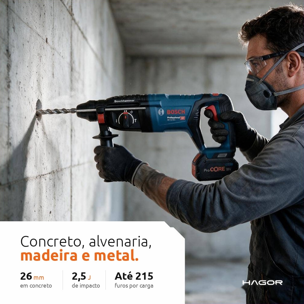 Martelete Perfurador GBH 18V-26 SDS Plus 2,5J 18V Brushless sem Bateria e Carregador BOSCH