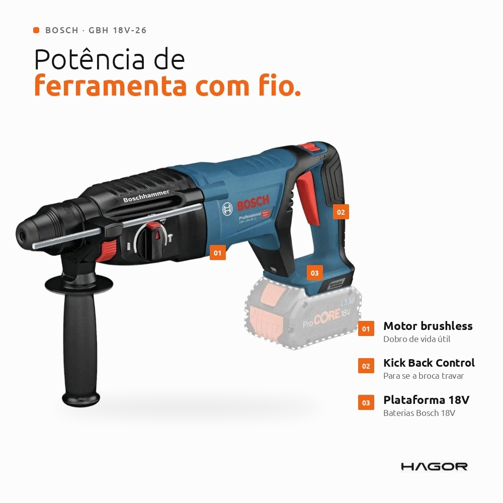 Martelete Perfurador GBH 18V-26 SDS Plus 2,5J 18V Brushless sem Bateria e Carregador BOSCH