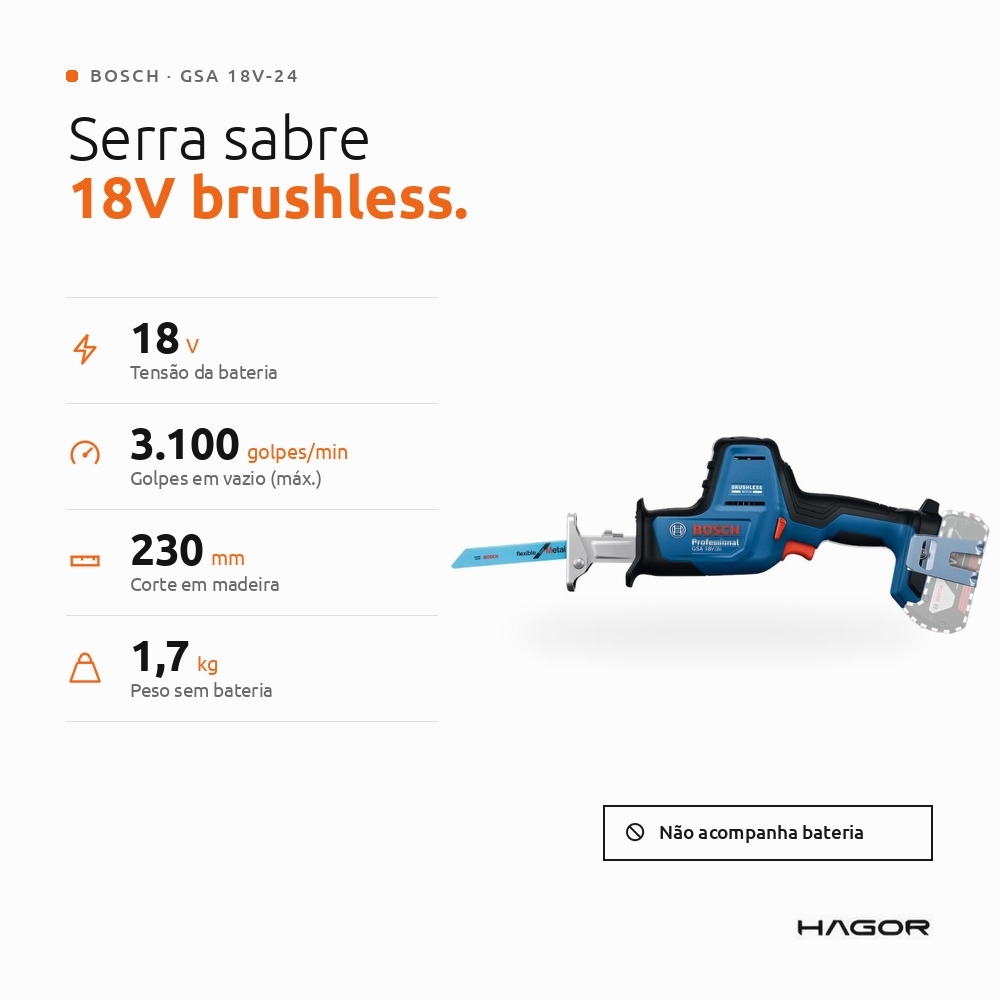 Serra Sabre GSA 18V-24 18V Brushless sem Bateria BOSCH