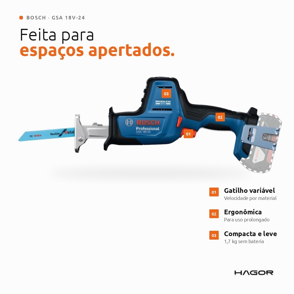 Serra Sabre GSA 18V-24 18V Brushless sem Bateria BOSCH