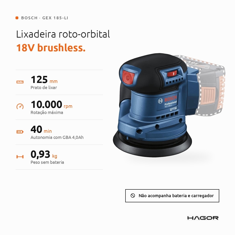 Lixadeira Roto-Orbital GEX 185-LI 125mm 18V Brushless sem Bateria e Carregador BOSCH