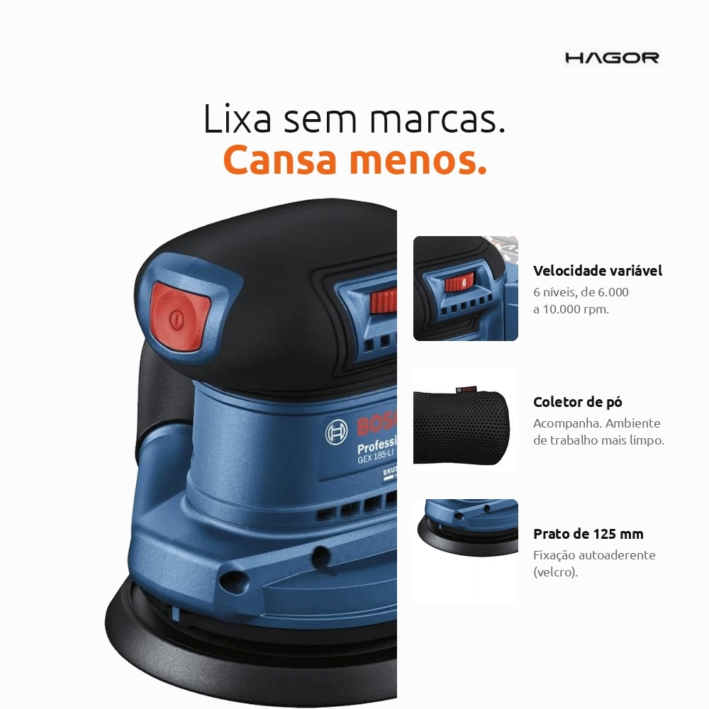 Lixadeira Roto-Orbital GEX 185-LI 125mm 18V Brushless sem Bateria e Carregador BOSCH
