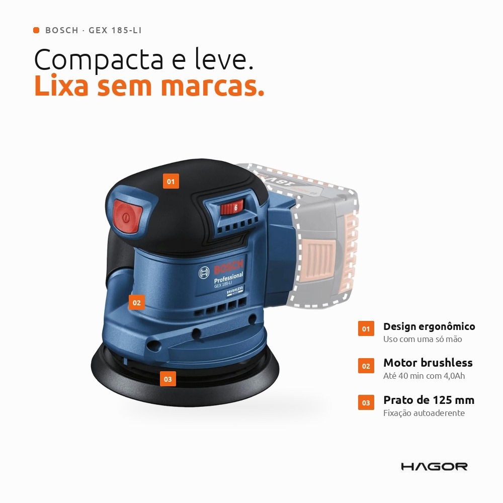 Lixadeira Roto-Orbital GEX 185-LI 125mm 18V Brushless sem Bateria e Carregador BOSCH
