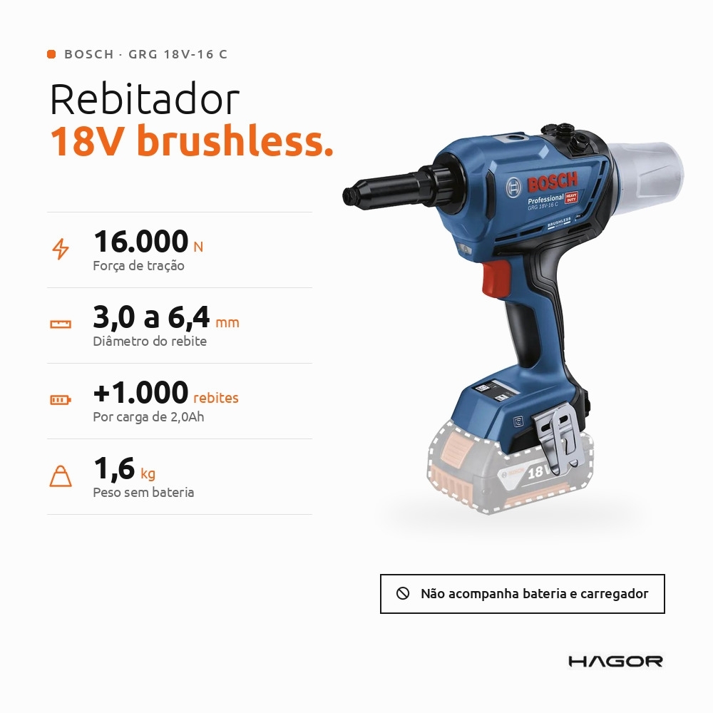 Rebitador GRG 18V-16C 18V Brushless sem Bateria e Carregador BOSCH