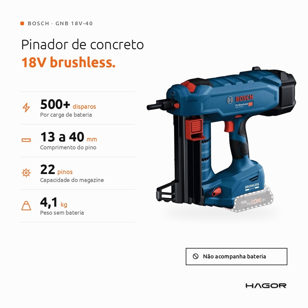 Pinador de Concreto GNB 18V-40 18V Brushless sem Bateria com Maleta BOSCH