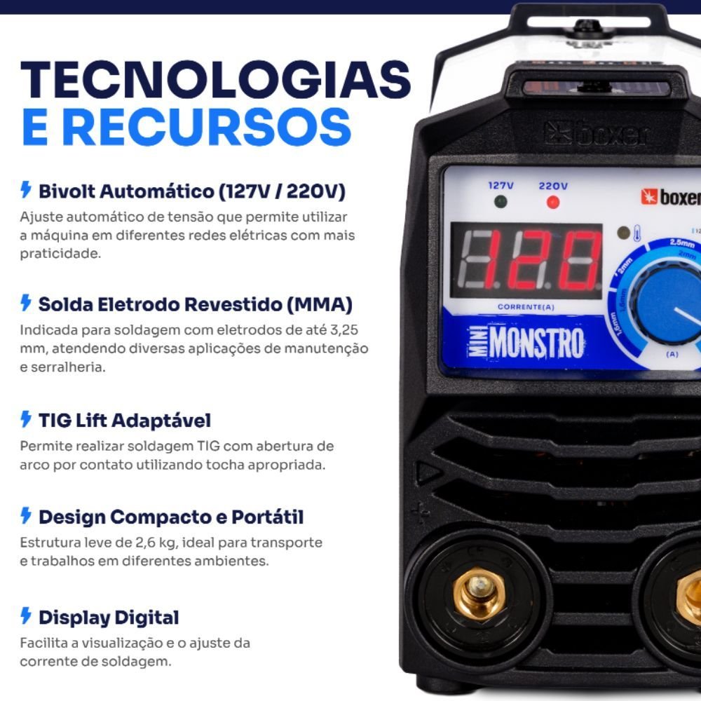 Máquina de Solda Inversora TIG/MMA Mini Monstro 120A 127/220V Bivolt BOXER
