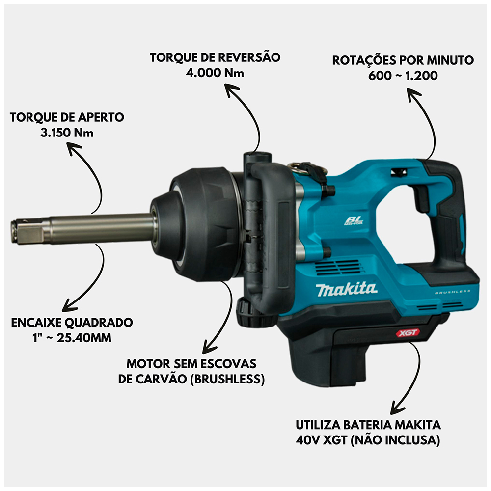 Chave de Impacto Longa TW010GT201 1 Pol. 40V Brushless com 2 Baterias 5,0Ah Carregador e Maleta MAKITA