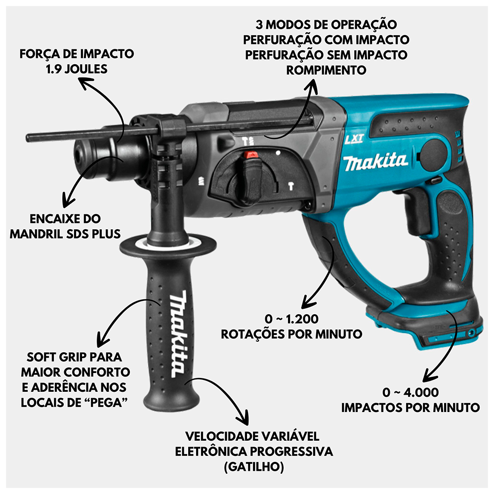 Martelete Perfurador Rompedor DHR202Z SDS Plus 1,9J 18V sem Bateria MAKITA