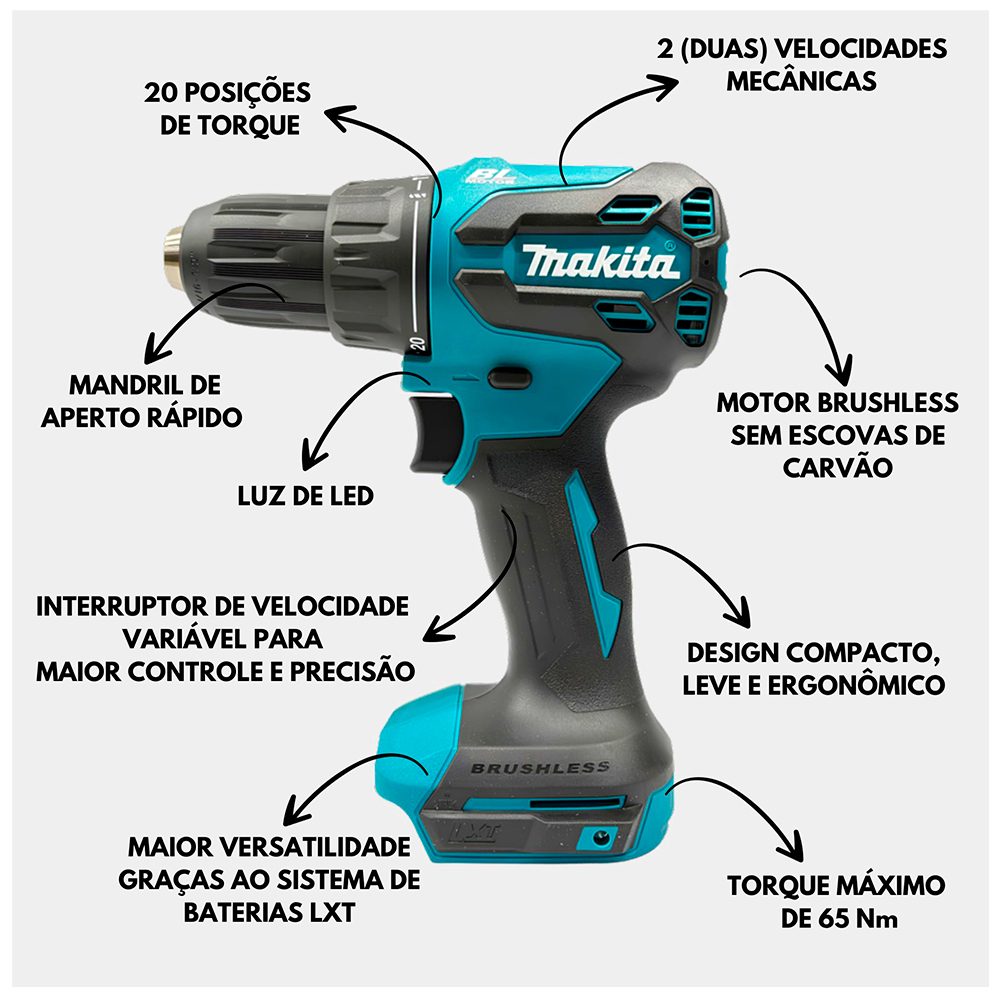 Parafusadeira Furadeira DHP490 e Aspirador DCL180Z 18V Brushless com Bateria Carregador Bivolt e Maleta MAKITA